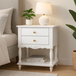 Modern Accent Nightstand | 2-Drawer White Night Stand with Carved Pattern & Bottom Shelf