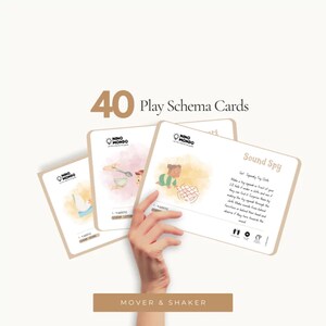 May include: A set of 40 Play Schema Cards with illustrations and text. The cards are held by a hand and feature the "Nino Mondo" logo. The cards have a beige border and include the text "Sound Spy" and "MOVER & SHAKER".