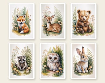 Set van 6 muurdecoraties met bosdieren voor de kinderkamer, aquarelprints