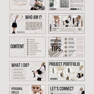 Pode incluir: Um modelo de portfólio criativo com um esquema de cores bege e branco. O design inclui seções para experiência de trabalho, dicas de branding pessoal e portfólio de projetos. O texto inclui "Creative Portfolio Template", "Who Am I?" e "Let's Connect".