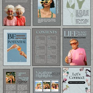 May include: A collage of magazine pages with a vintage aesthetic. The pages feature images of people, text, and graphics. One page has the title "TITLE" and "Subheading". Other pages include "BE OBSESSED WITH YOUR POTENTIAL", "CONTENTS", and "LIFE IS TOO SHORT TO WEAR BORING CLOTHES".