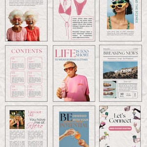 Könnte beinhalten: Eine Sammlung von neun digitalen Kunstdrucken im Vintage-Stil. Die Drucke zeigen verschiedene Themen, darunter Mode, Lifestyle und soziale Kommentare, mit Textüberlagerungen und Bildern von Menschen und Objekten.