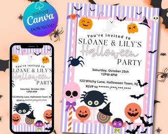 May include: A Halloween party invitation with a purple and white striped background. The invitation includes the text "SLOANE & LILY'S Halloween PARTY" and Halloween-themed illustrations. A smartphone displays the same invitation.