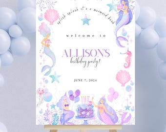 Letrero de bienvenida de cumpleaños de sirena: Fiesta submarina, plantilla editable (descarga digital)