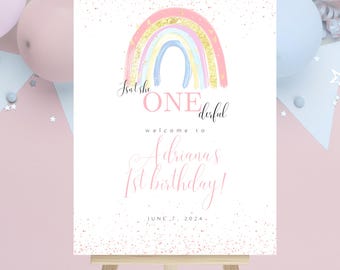 Cartello di benvenuto per il primo compleanno ONEderful: decorazioni per feste modificabili (download digitale)