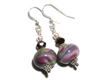 Pink, Purple & Green Lampwork Earrings With Purple Swarovski Crystals and Pink Swarovski Pearls