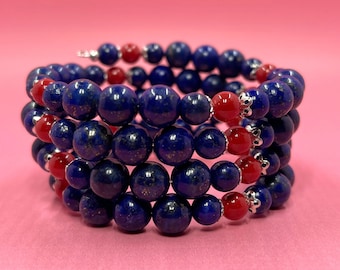 Lapis Lazuli and Red Coral Swarovski Pearl Memory Wire Bracelet, Coral Bracelet, Pearl Bracelet