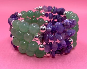 Adventurine & Amethyst Memory Wire Bracelet, Gemstone Bracelet