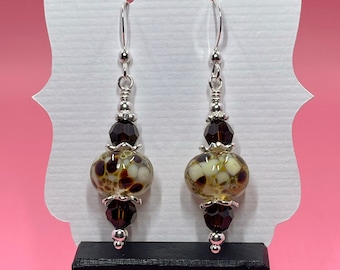 Brown & White  Lampwork Earrings With Brown Swarovski Crystals, Lampwork Jewelry, Crystal Earrings