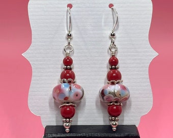 Red White & Light Blue Lampwork Earrings With Red Swarovski Pearls