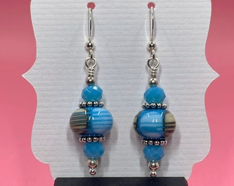 Turquoise Black & Ivory Lampwork Earrings With Turquoise Chinese Crystals