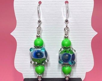 Bumpy Green & Blue Lampwork Earrings With Neon Green Swarovski Pearls