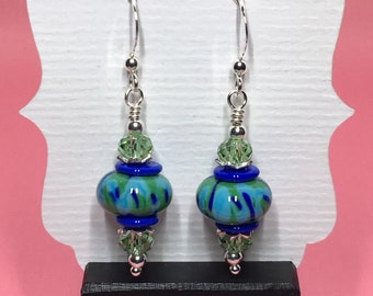 Green & Blue Lampwork Earrings With Green Swarovski Crystals