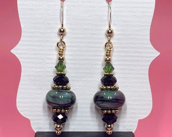 Black & Green Lampwork Earrings With Black and Green Swarovski Crystals