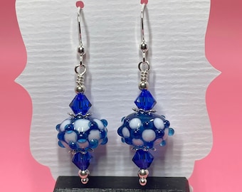 Bumpy Cobalt Blue Lampwork Earrings With Cobalt Blue Swarovski Crystals, Lampwork Jewelry, Crystal Jewelry