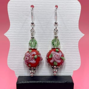 Red Primrose Flower Lampwork Earrings With Green Swarovski Crystals