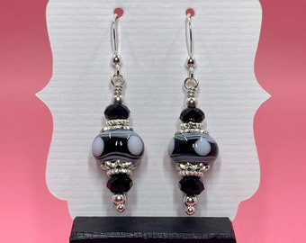 Black & White Lampwork Earrings With Black Swarovski Crystals