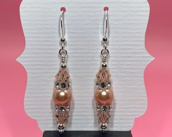 Light Peach Swarovski Crystal & Pearl Earrings, Pearl Jewelry, Crystal Jewelry, Gift for Her