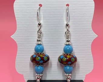 Light Brown & Turquoise Spotted Lampwork Earrings With Turquoise Swarovski Crystals, Lampwork Jewelry, Turquoise Jewelry, Pearl Earrings