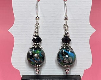 Black & Turquoise Lampwork Earrings With Black Swarovski Crystals