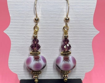 Purple & White Spotted Lampwork Earrings With Purple Swarovski Crystals