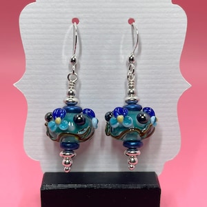 Blue Floral Lampwork Earrings With Metallic Blue Glass Beads