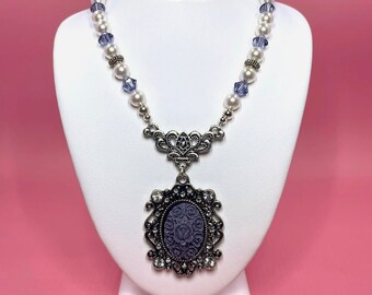 White Swarovski Pearl Necklace With Purple Swarovski Crystals and Purple Rose Pendant