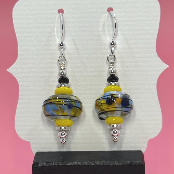 Multi Colored Lampwork Earrings With Yellow Czech Glass Beads
