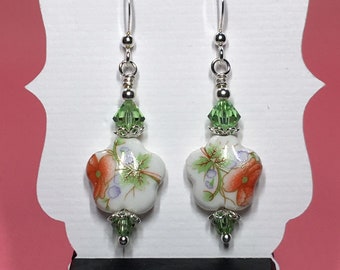 Pink Floral Ceramic Earrings With Green Swarovski Crystals
