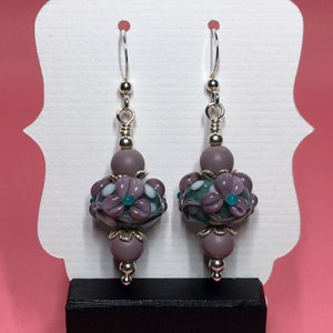Purple & Green Floral Lampwork Earrings With Matte Purple Beads