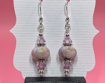 Pale Pink & Green Lampwork Earrings With Pink Swarovski Crystals