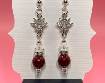 Red Swarovski Pearl Earrings, Crystal Earrings, Pearl Jewelry, Crystal Jewelry, Gift for Her