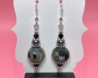 Gray Black & White Lampwork Earrings With Gray Swarovski Pearls and Black Swarovski Crystals