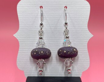 Purple & Silver Lampwork Earrings, Crystal Earrings, Lampwork Jewelry, Gift for Her