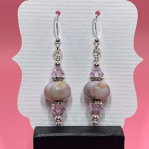 Pale Pink & Green Lampwork Earrings With Pink Swarovski Crystals