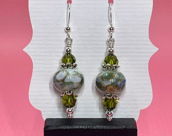 White Green and Blue Lampwork Earrings With Olive Swarovski Crystals