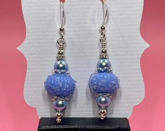 Blue Sugar Lampwork Earrings With Light Blue Swarovski Pearls
