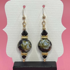Tensha Antique White Rose on Black Earrings With Black Swarovski Crystals