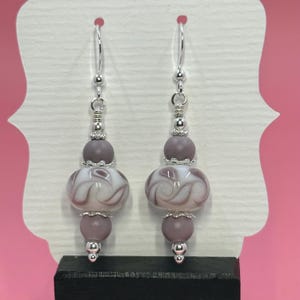 White & Purple Lampwork Earrings With Matte Purple Beads