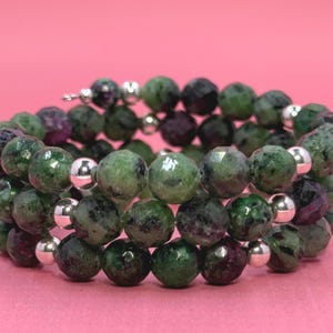 Faceted Ruby Zoisite Memory Wire Bracelet: Sterling Silver