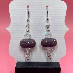 Purple & Silver Lampwork Earrings With Swarovski Crystals