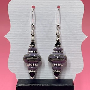 Purple Swirl Lampwork Earrings With Black Swarovski Crystals