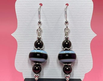 Dark Brown & Light Blue Striped Lampwork Earrings With Dark Brown Swarovski Pearls, Lampwork Jewelry, Pearl Earrings, Pearl Jewelry