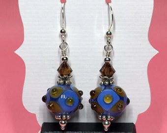 Bumpy Blue & Topaz Lampwork Earrings With Topaz Swarovski Crystals