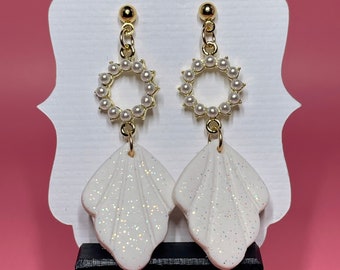 White Glitter Polymer Clay Earrings, Pearl Earrings, Gift for Her