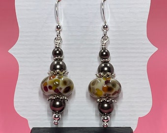 Orange & Brown Lampwork Earrings With Brown Swarovski Pearls, Lampwork Jewelry, Gift for Her