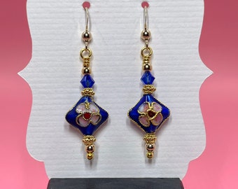 Blue Floral Cloisonne Earrings With Cobalt Blue Swarovski Crystals, Cloisonne Jewelry