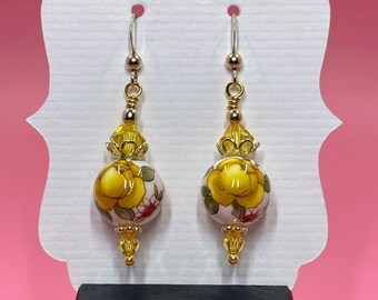 Tensha Yellow Rose Earrings With Yellow Swarovski Crystals