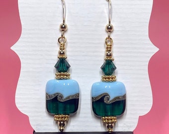 Blue & Emerald Square Lampwork Earrings With Emerald Swarovski Crystals