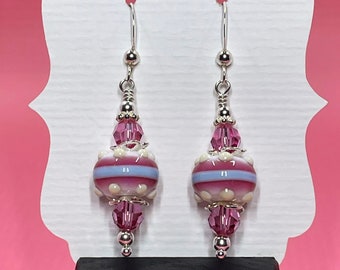 Bumpy Pink Blue & White Lampwork Earrings With Pink Swarovski Crystals